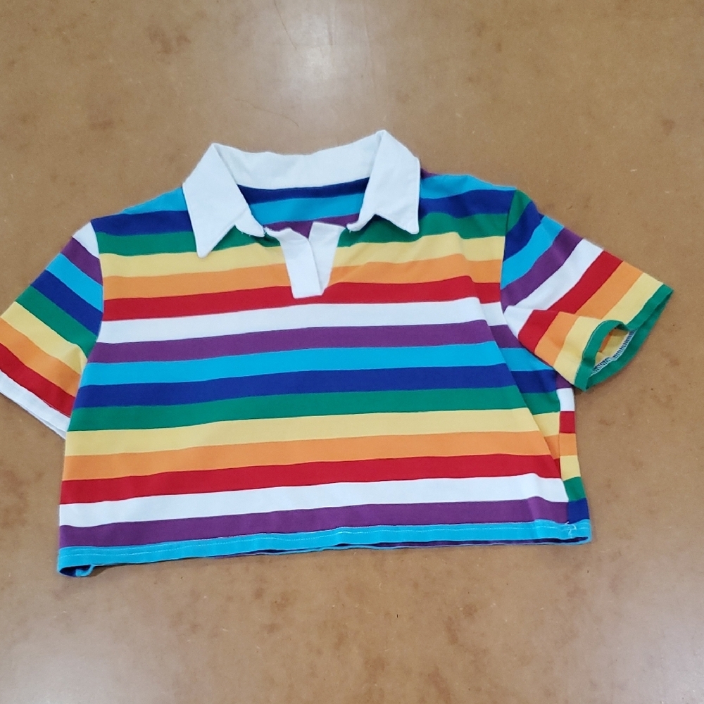 Unbranded Rainbow Stripe Crop Polo Shirt SZ S